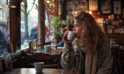 Eine Frau trinkt Espresso in einem Cafe